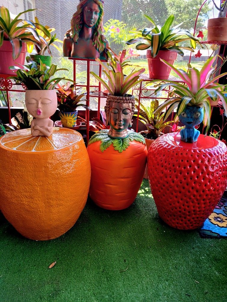 $157 Each or Best Offer for All STRAWBERRY ORANGE CARROT Ceramic Tables/ Stools 18"×14" Garden Patio Pool Balcony Kitchen Tropical Decor 