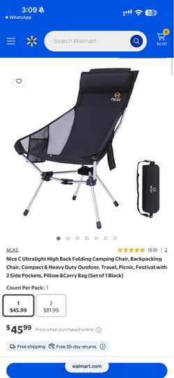 Nice C Ultralight High Back Folding Camping Chair, Backpacking Chair, Compact & Heavy Duty Outdoor, Travel, Picnic, Festival with 2 Side Pockets, Pill