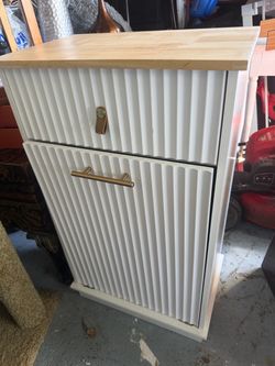 White Fluted Garbage or laundry storage cabinet with Wood Top