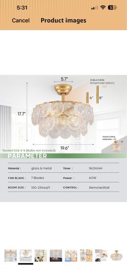 Modern Gold Crystal Fandelier Ceiling Fan with Light and Remote 6-Speed Mid-Century Caged Chandelier Fan, 6-Speed Reversible Motor for Bedroom, Nurser