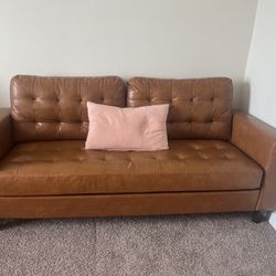 76 in brynn upholstered square arm sofa with buttonless tufting camel faux leather