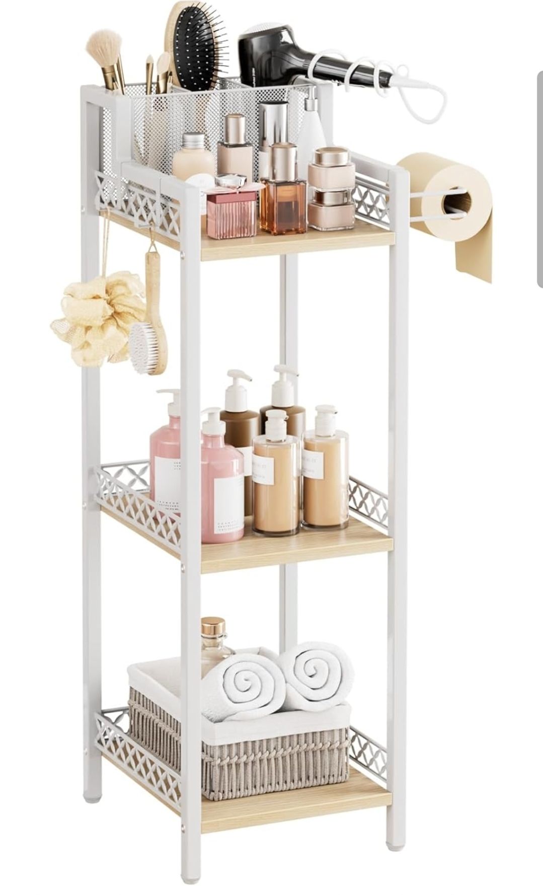 Furfun Slim Bathroom Storage Shelf Unit, 3 Tier Corner Storage, Rustic Makeup Organizer