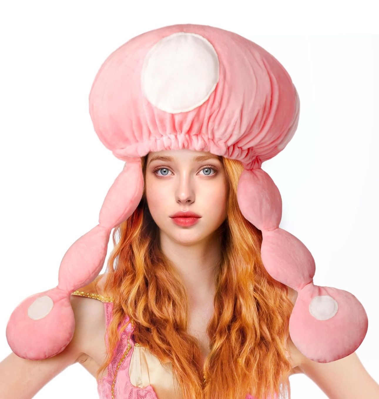 New Halloween Mushroom Hat Adult Mushroom Hats for Women Pink White Spotted Mushroom Hats Cosplay ONE SIZE FITS ALL - Mushroom hat: 18 -26 inches. Su
