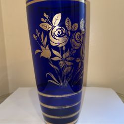 Vintage Cobalt Blue Glass Vase with Gold Floral Design – Decorative Bohemian Style