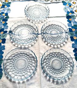 Set Of 5 Vintage Blue Bubble Anchor Hocking Depression Glass Plates 6 3/4"