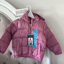 Girls' Pink Hooded Puffer Jacket with Bows  - 4T