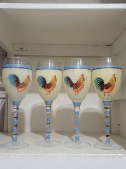 ROOSTER / CHICKEN Wine Glass 8.5" Tall 4pc Set