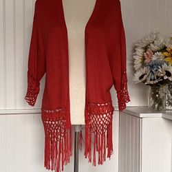 CHICOS  Fringe Cardigan  Tassel Boho Crochet  Orange Fall