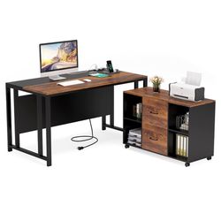 55'' Large Executive Desk with Lateral File Cabinet,Brown