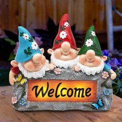Garden Gnomes Statues Outdoor Decor Solar Gnome Figurines Lights Welcome Sign Garden Decor 