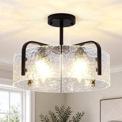 Black Semi Flush Mount Ceiling Light,4-Light Hammered Glass