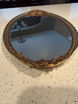 Vintage Oval Vanity Mirror Tray Gold Filigree Roses Hollywood Regency 16