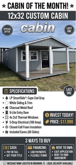 12โx32โ Custom Cabin Shed | Financing | Rent To Own