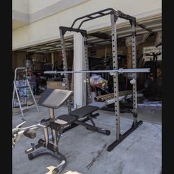 Power Cage Combo With Optional Lat Lower Row Attachment , Fully Adjustable Bench And 300lb Olympic Weight Set With Barbell And Clips 