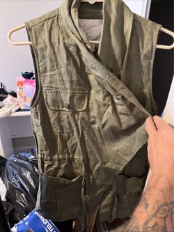 En Crème Women's S Green Linen Blend Boho Vest Open Front Pockets