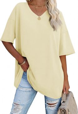 Women's Oversized V-Neck Cotton Tee Shirt, Loose Fit Tunic Top, Yellow - NWT