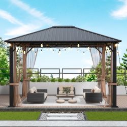 10x12 Hardtop Metal Gazebo,Heavy Duty Pergola with Mosquito Nets&Galvanized Steel,Sturdy Outdoor Canopies Tent,Suitable for Gardens,Patio,Backyard 