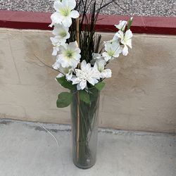 Tall Glass Vase With Artificial Flowers