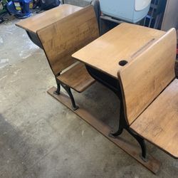 Antique Double School Desk In Good Condition Missing Rear Desk Cubby Wood 