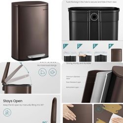 13 Gallon (50 L) Trash Can, Stainless Steel Kitchen Garbage Can, Recycling or Waste Bin, Soft Close, Step-On Pedal, Removable Inner Bucket