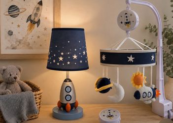 Lambs & Ivy Space Rocket Nursery Lamp + Musical Crib Mobile Set