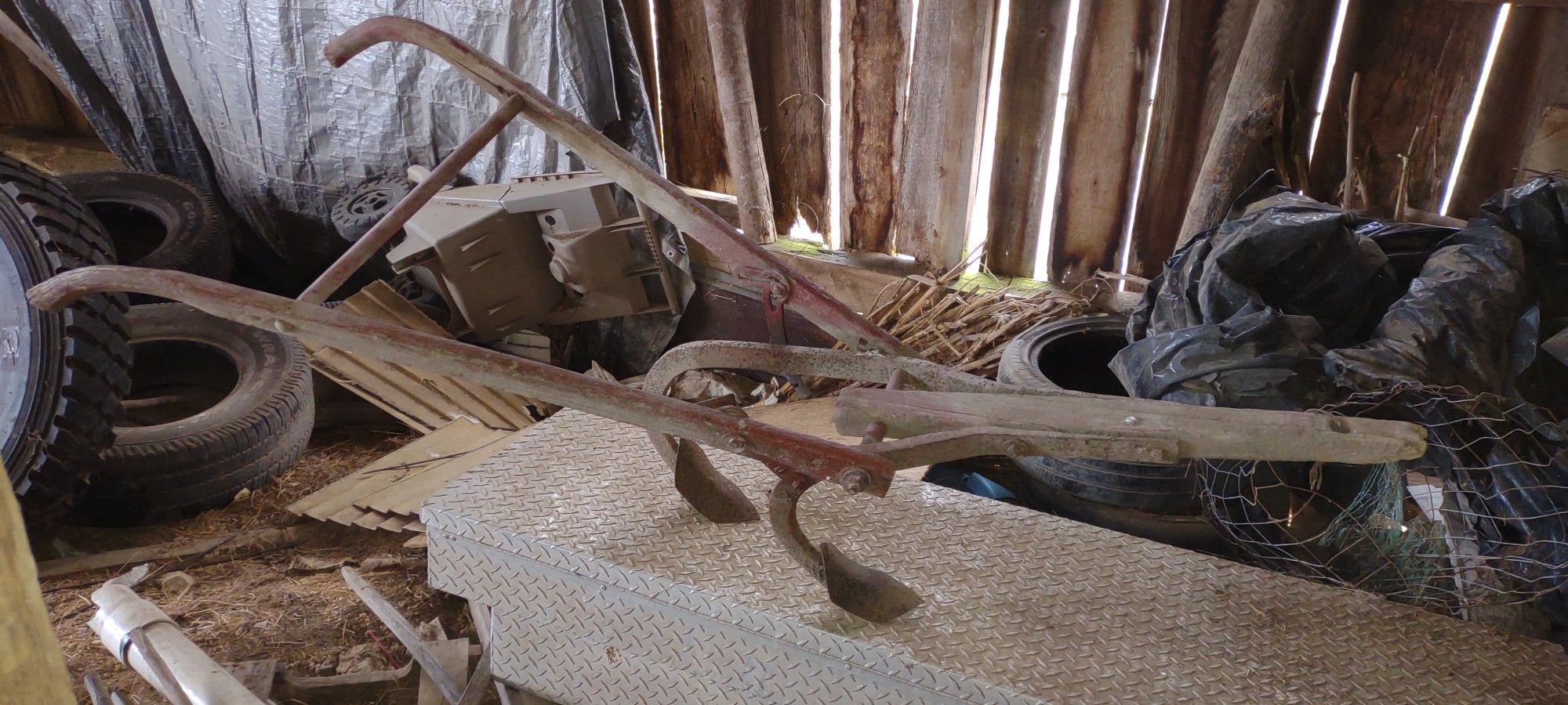 Horse Drawn Plow Wood Frame Marked D S R. 