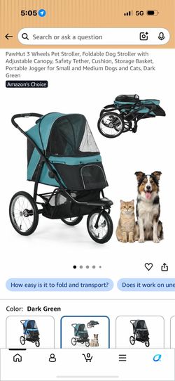 PawHut 3 Wheels Pet Stroller, Foldable Dog Stroller with Adjustable Canopy, Safety Tether, Cushion, Storage Basket, Portable Jogger for Small and Medi