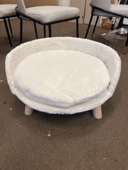 22.6”Raised Dog Bed Round with Cozy Pad Waterproof - Nordic Wooden Doggie Sofa Bed with Sturdy Wood Legs Anti Slip for Medium Dogs Rabbi