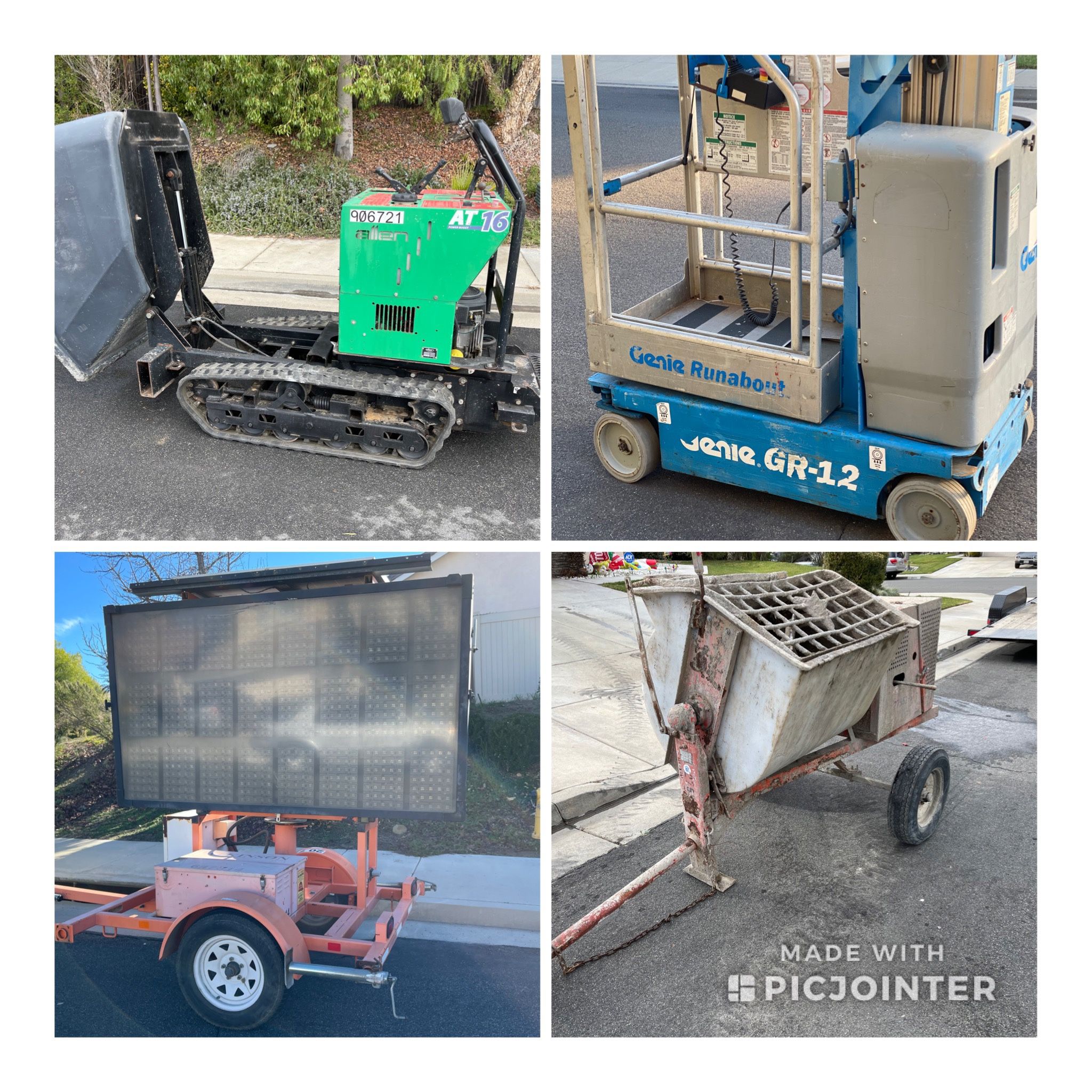 (4)Genie GR12s, Allen Concrete Buggy, Mesaage Board & Cement Mixer