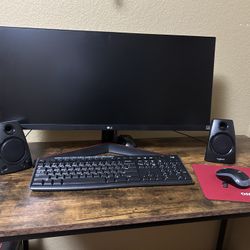Monitor, Speakers, Keyboard And Mouse, Table