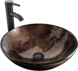 Bathroom Artistic Vessel Sink, Tempered Glass Vanity Round Bowl with Oil Rubber Bronze Faucet and Pop up drain Set, Brown