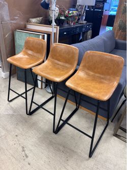 Set of 3 pair of modern whiskey-brown faux leather counter-height bar stools with black metal sled bases