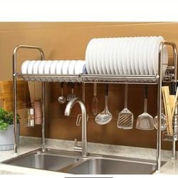 Over Sink Dish Drainer Drying Rack, Dish Drying Rack Over Sink, 2 Tier Stainless Steel Dish Rack, Space-Saving for Compact Kitchen (Silvery
