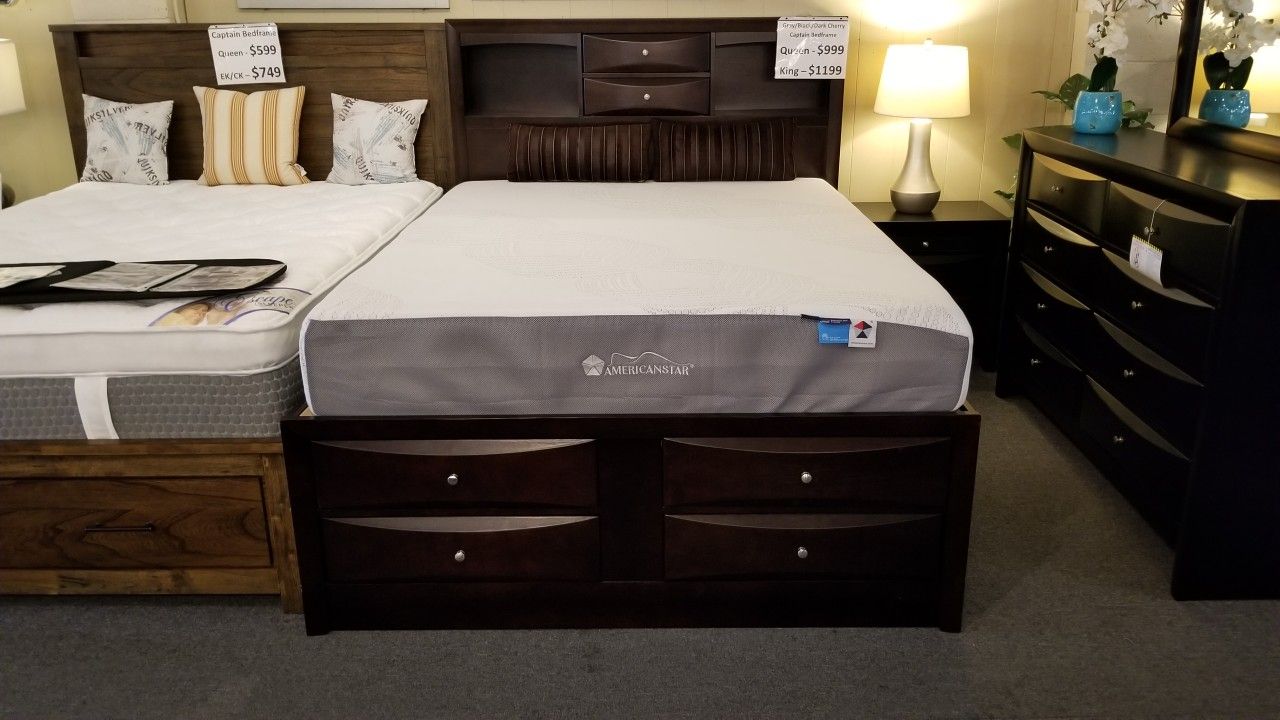 Brand New Black/Dark Cherry/Gray King Captain Bedframe With 6 Storage Drawers
