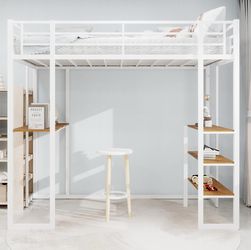 Children’s bed Metal Loft Bed with Built-in L-Shaped Desk & Storage Shelves Twin size