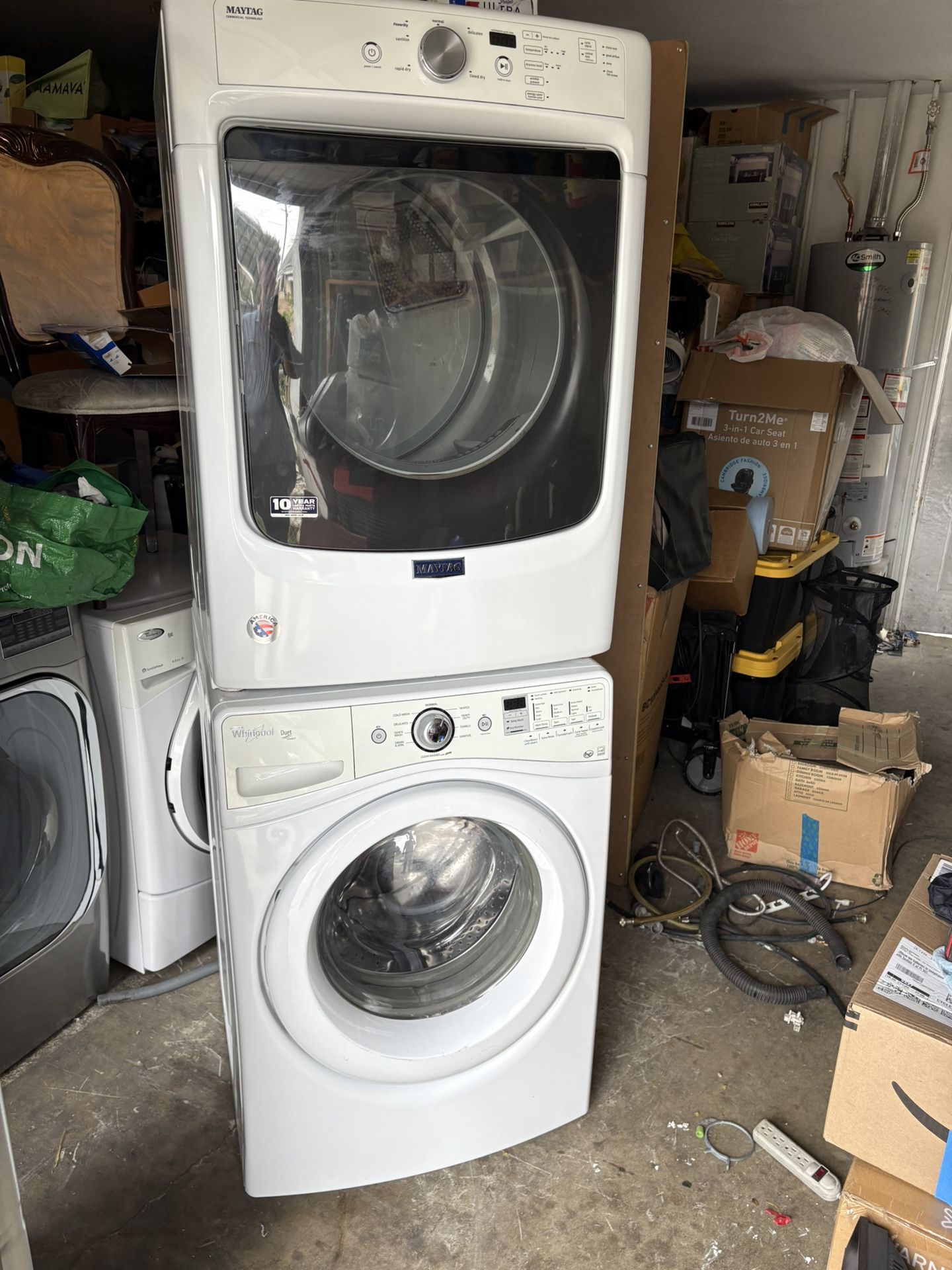 Whirlpool and Maytag Stackable Washer and gas dryer Excellent working condition Heavy duty W27 D31.5 H76 Washer 4.3 cu ft Dryer 7.4 cu ft 3 month