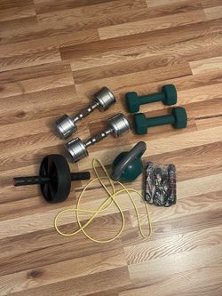 Weights, ab wheel, resistance band and brand new jump rope