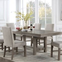 7pc Rustic Chic Dining Set - Gray Dining Table With Trestle Base & Natural Grey Fabric Chairs