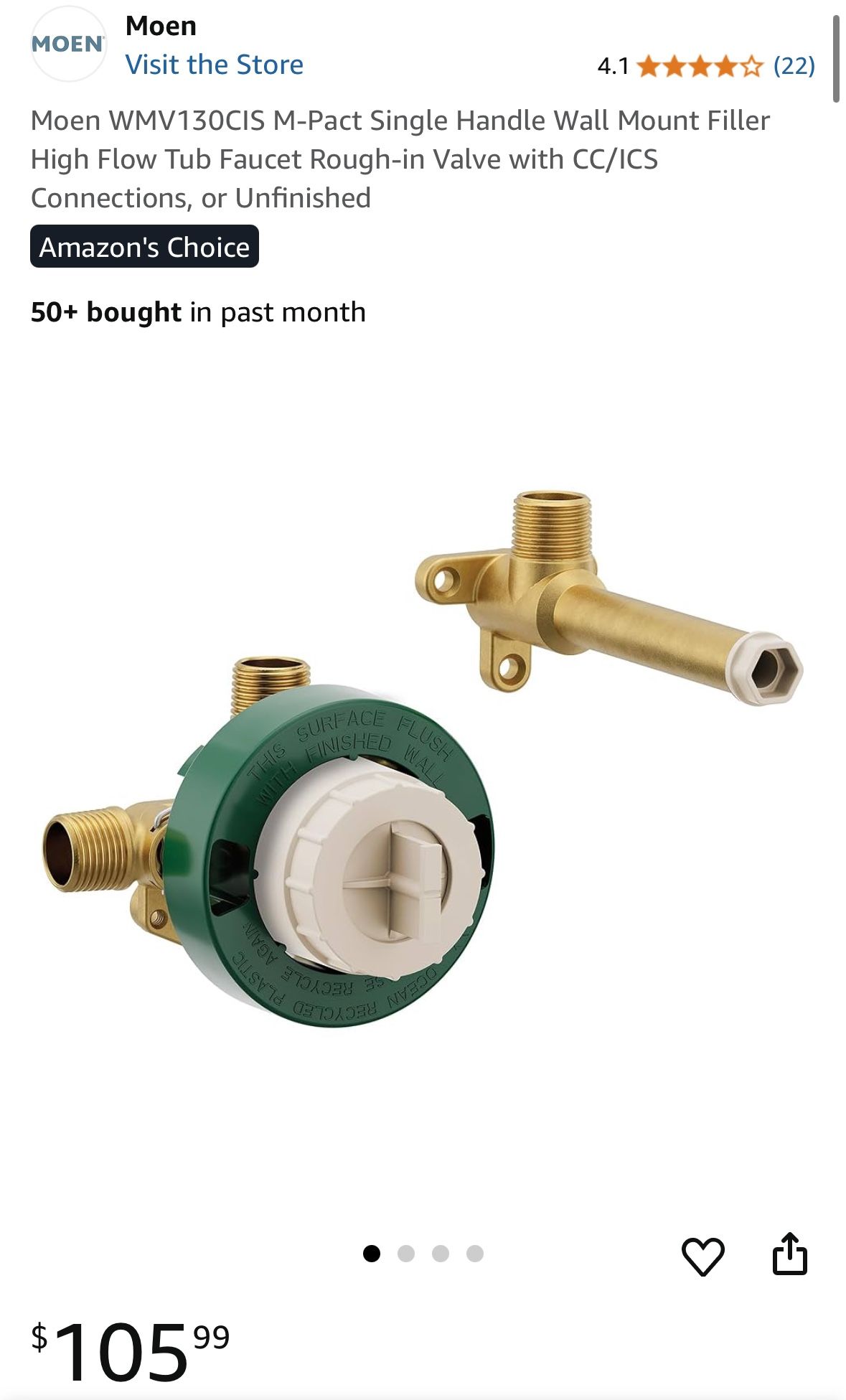 Moen WMV130CIS M-Pact Single Handle Wall Mount Filler High Flow Tub Faucet Rough-in Valve with CC/ICS Connections, or Unfinished