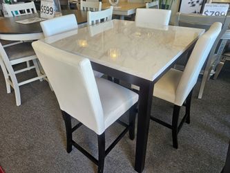 Brand new white faux marble counter high dining table (42"x42"x36"H) + 4 white faux leather chairs