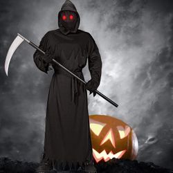 Grim Reaper Halloween Costume with Glowing Red Eyes for Kids 8-10 years old, Scythe Included