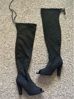 Black suede open toe heel boots