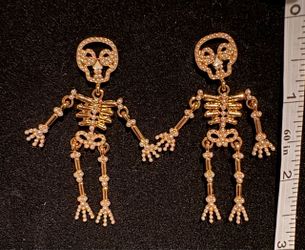 Gold Skeleton Dangle Earrings with Pearl Accents