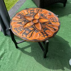 Vintage Haitian Folk Art Hand Carved Wood Chess Checkers Board reversible top Folding Table 22" tall