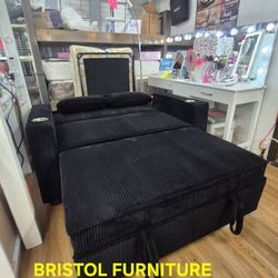 🪅 Black Corduroy Fabric Sofa,  pull out sleep area folding back cup holders and USB, New in the Box.