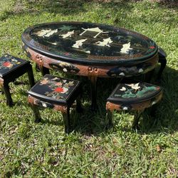 Black Lacquer Oriental Coffee Table, Inlaid Pearl with Six Stools 49”x31”x20”H, Good Condition $70 Firm On Price