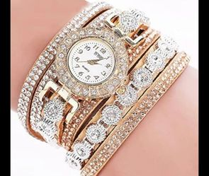 Yellow/Rose Gold Rhinestone Wrap Bracelet Watch - NEW