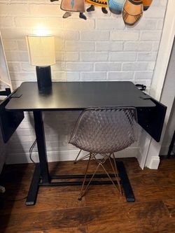 Black Desk with Side Extensions + Clear Chair + Lamp