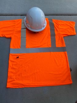 Hi-Vis Orange Safety Shirt with Reflective Strips Milwaukee Hard Hat and OccuNomix Safety Shirt