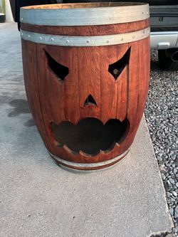 Jack-O-Lantern Carved Wood Wine Barrel